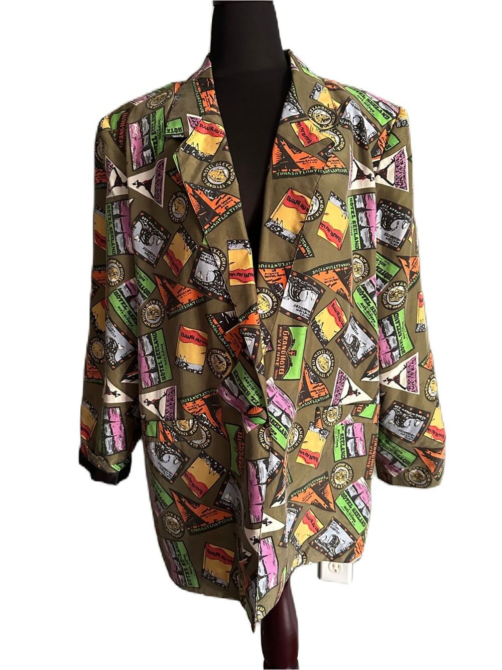 Vintage Carol Horn Workshop Oversized Silk Blazer AOP travel print size Medium